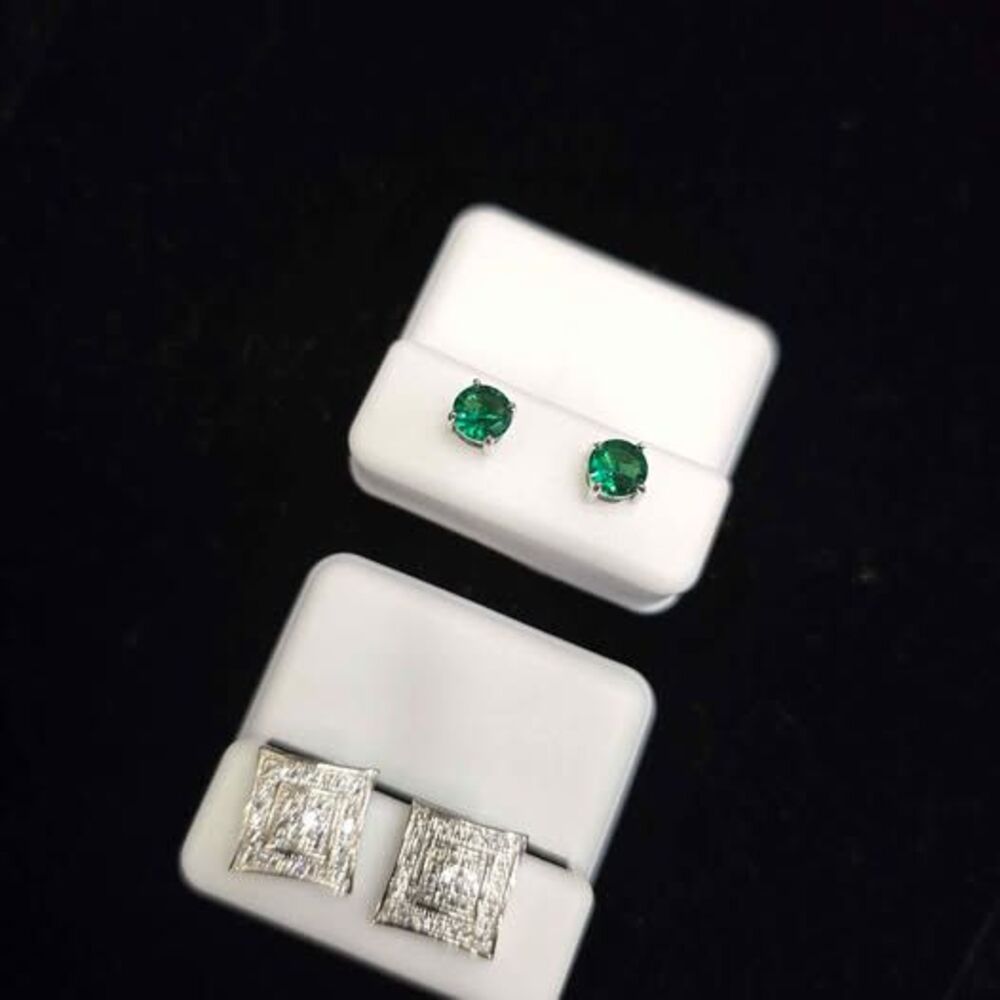 Sterling Silver 6mm Green Nano Emerald and Square Moissanite Earring Set